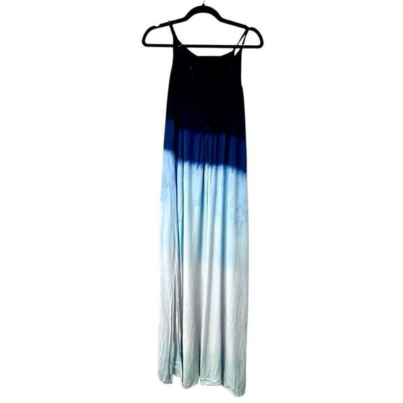 Riviera Sun Spaghetti Strap Dip Dye Side Slit Maxi Sundress Blue White Large - Picture 1 of 5
